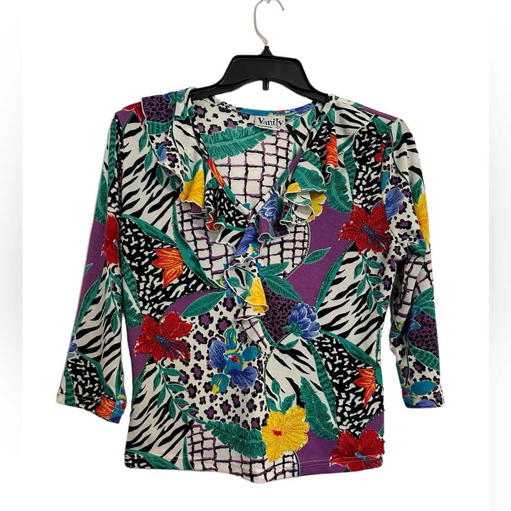 VTG Colorful animal print tropical florals embellishment  details top